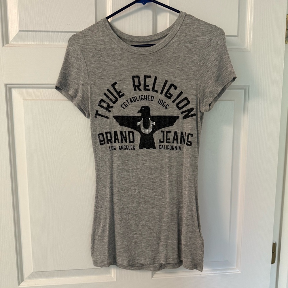 True Religion Black Rhinestone Graphic Gray Fitted Tee